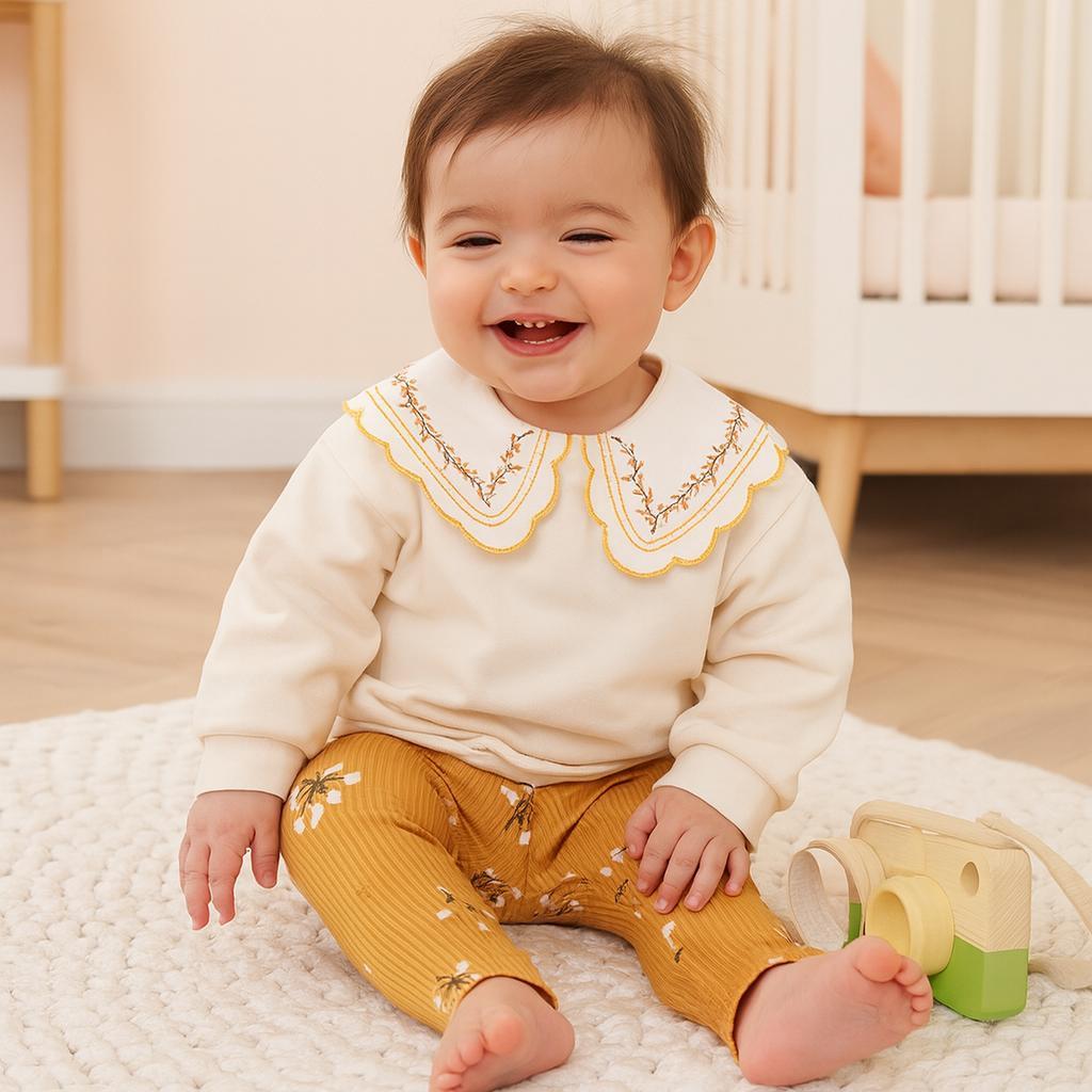 Sonbahar Nakışlı Bebe Yaka Detaylı %100 Pamuk 2'Li Takım