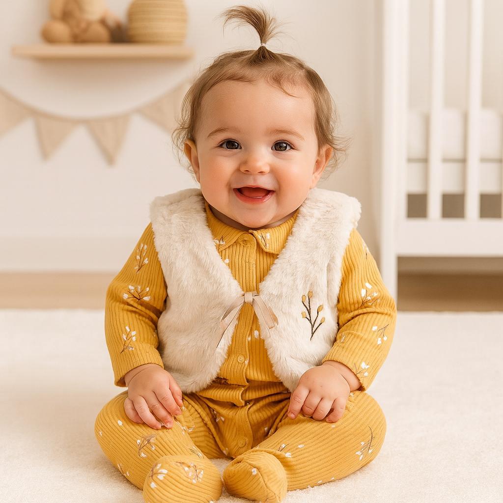 Sonbahar Nakışlı Peluş Yelekli %100 Pamuk Tulum