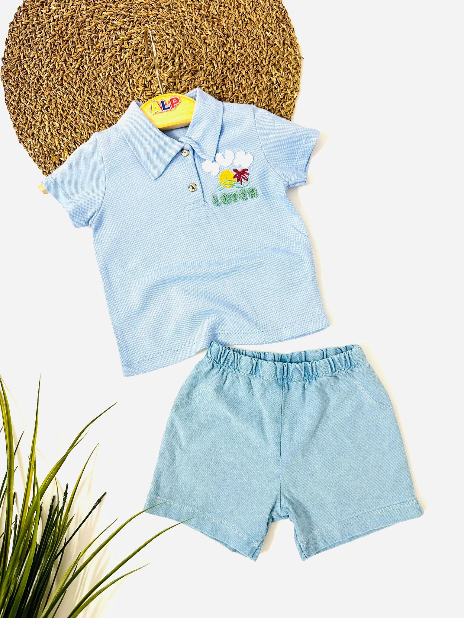 Sun Love Gömlek Yaka Thisort ve Örme Kot Şortlu 2li Takım - Mavi 