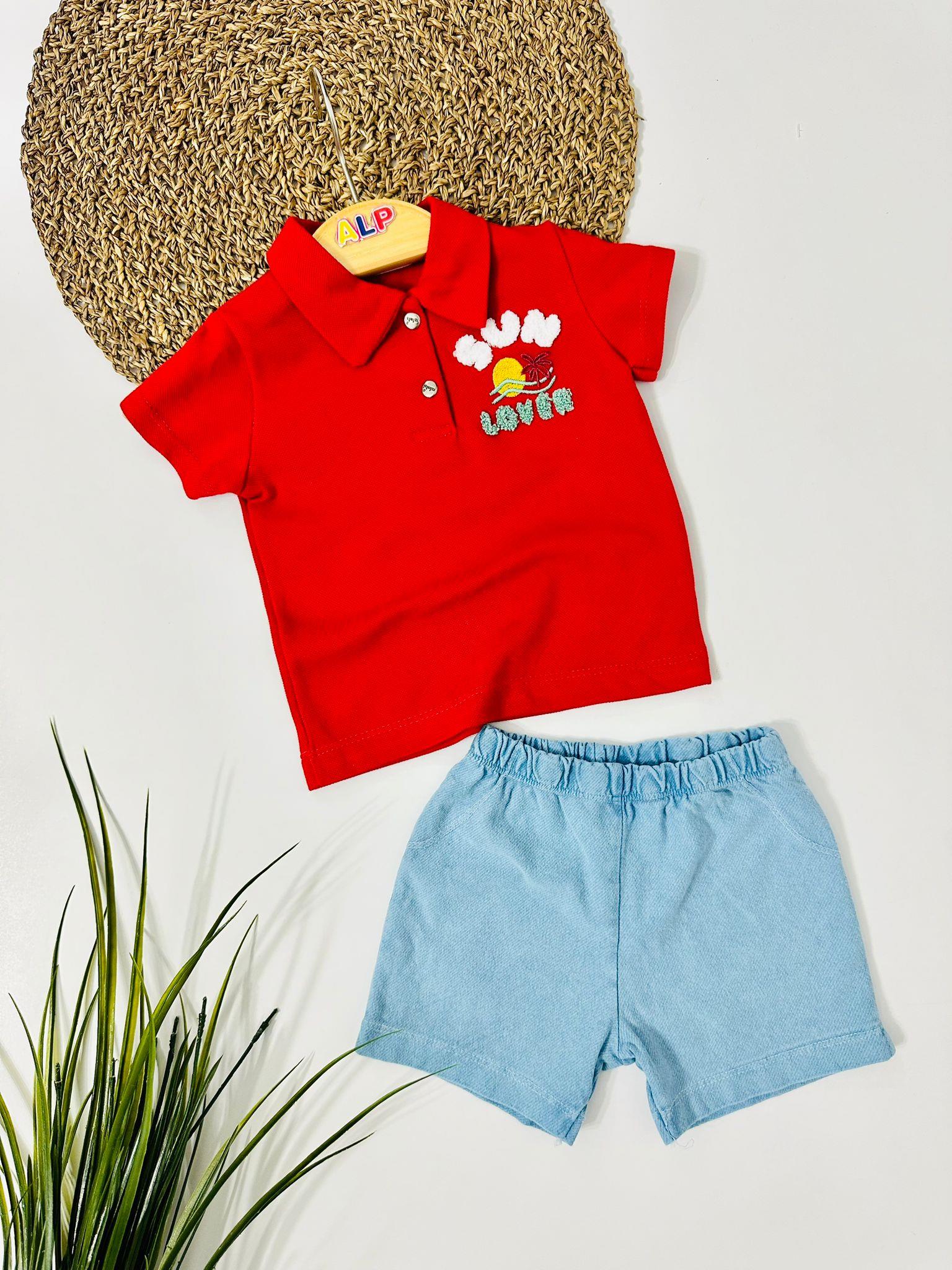 Sun Love Gömlek Yaka Thisort ve Örme Kot Şortlu 2li Takım - Kırmızı 