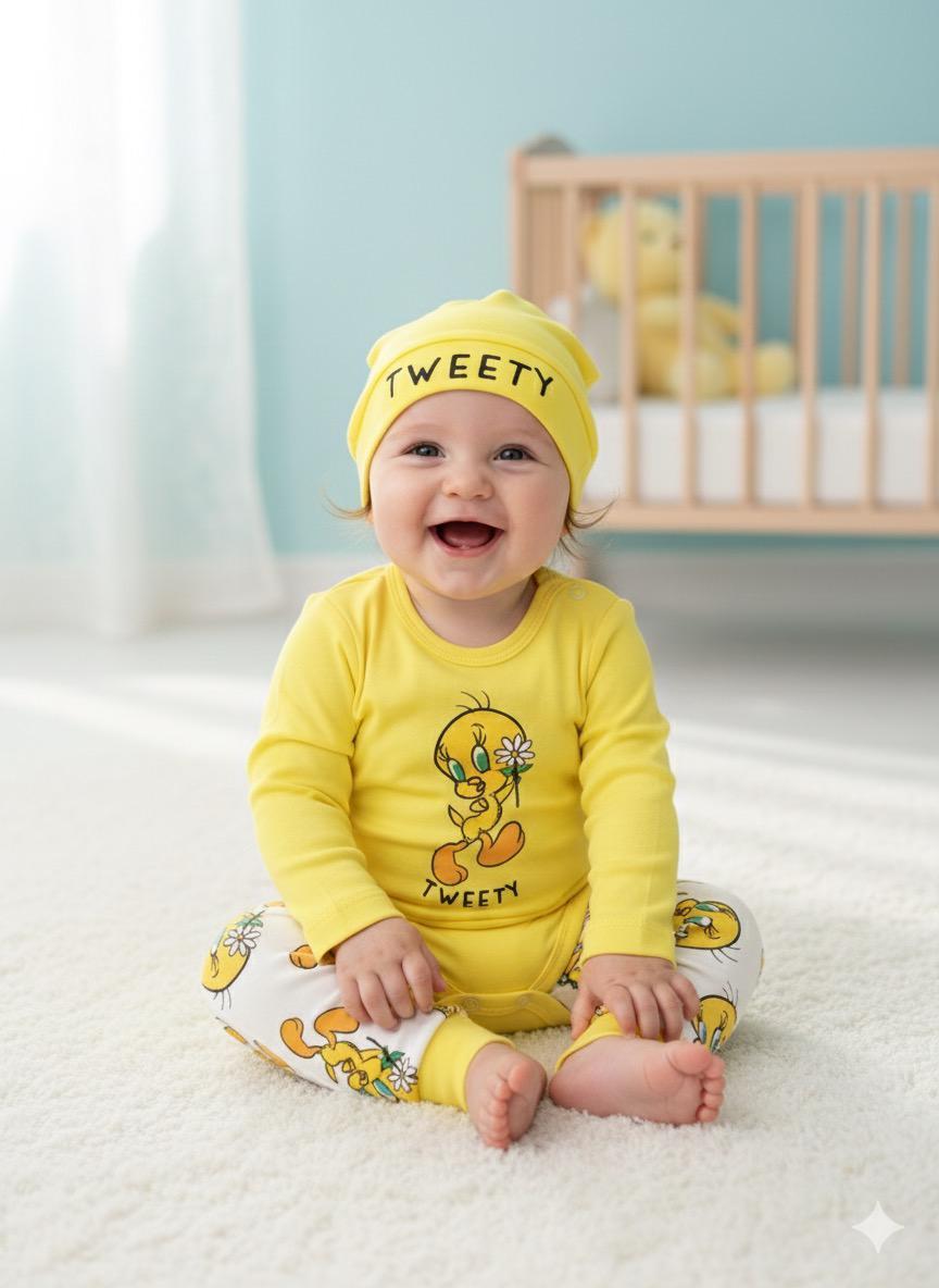 Tweti baskı detaylı çizgili tarz bereli mevsimlik 3 lü takım