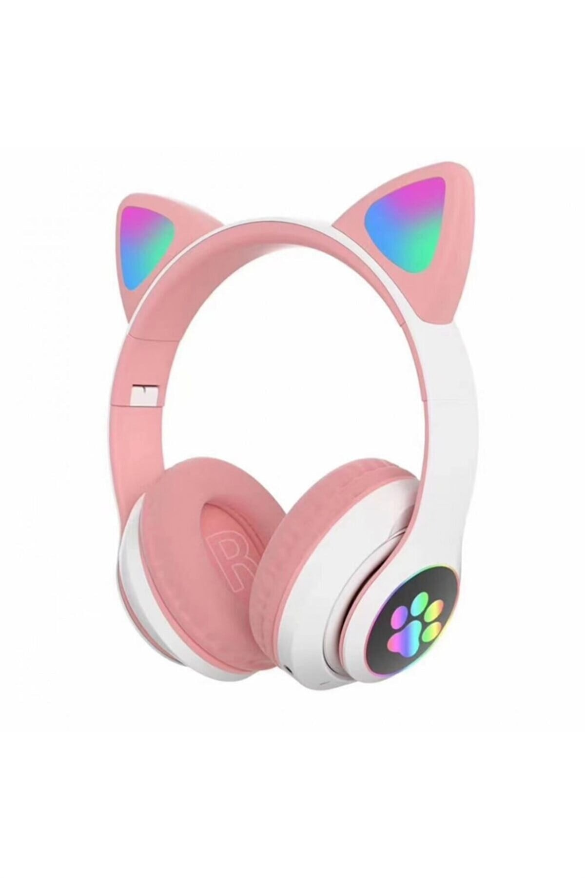 Pembe Bluetooth 5.0 Mikrofonlu Kablosuz Kulaklık Yüksek Ses Akıllı Led Işıklı Kedi Patili Rgb