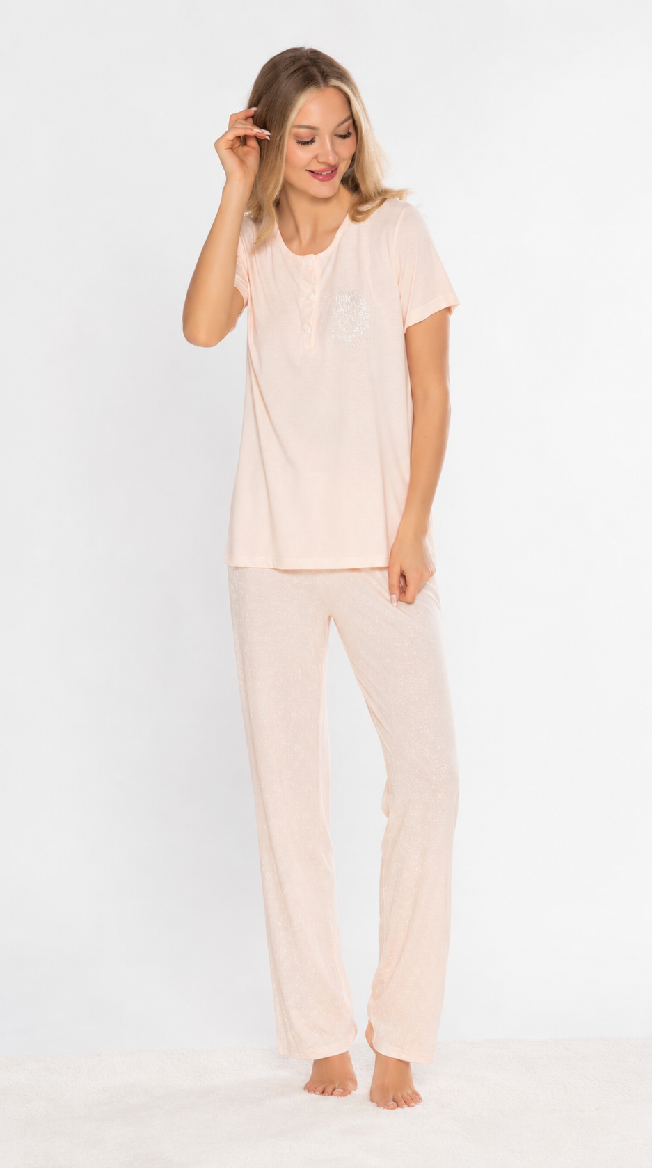 Kadın Yarım Kollu Somon Pijama Takımı