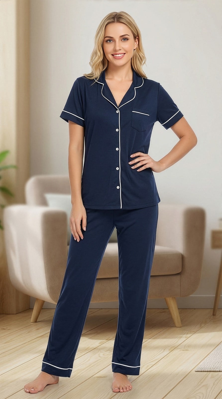 Önden Düğmeli Kadın Lacivert Pijama Takımı