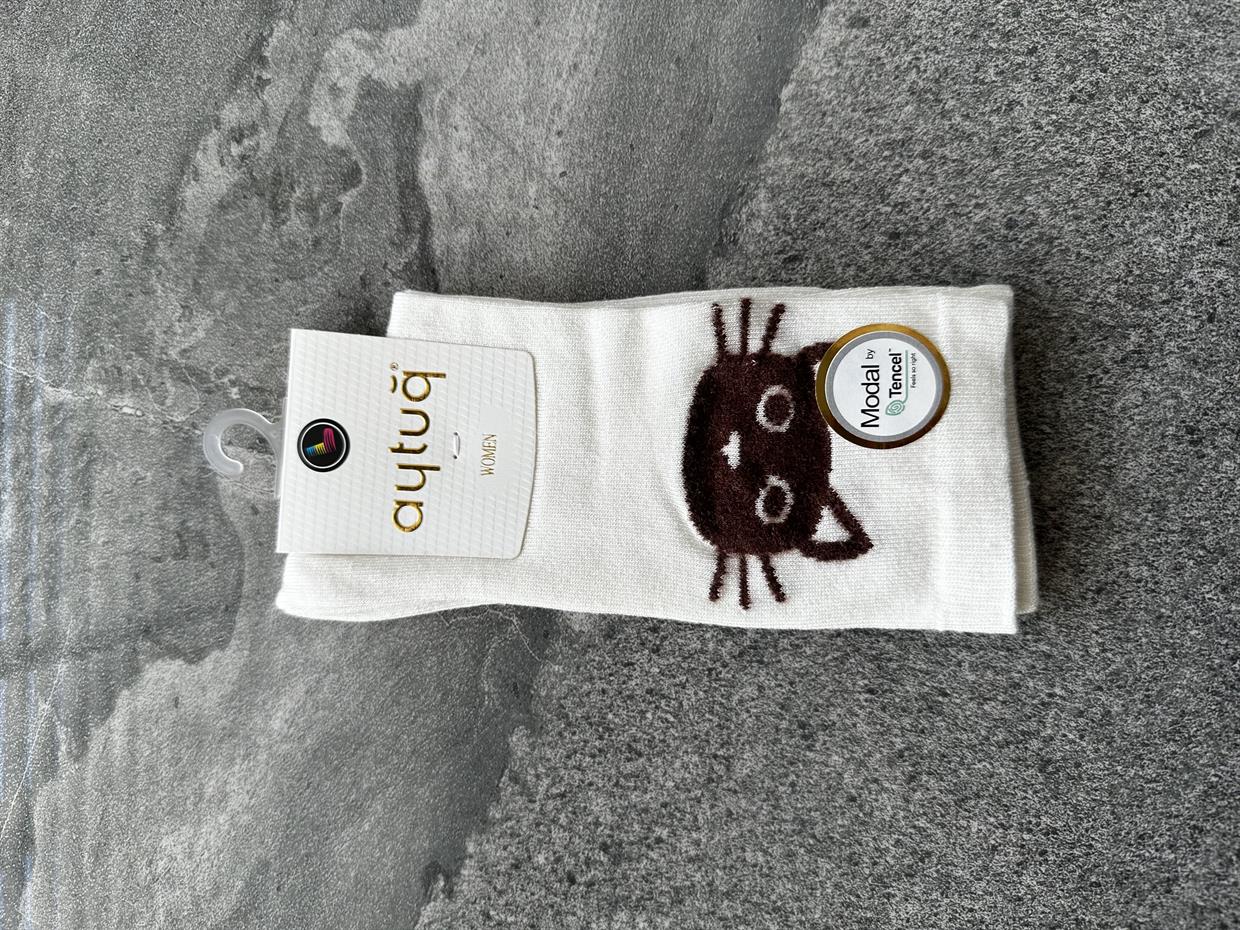 Aytuğ Kedi Desenli Ekru Çorap