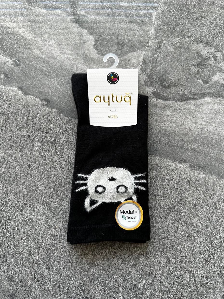 Aytuğ Kedi Desenli Siyah Çorap