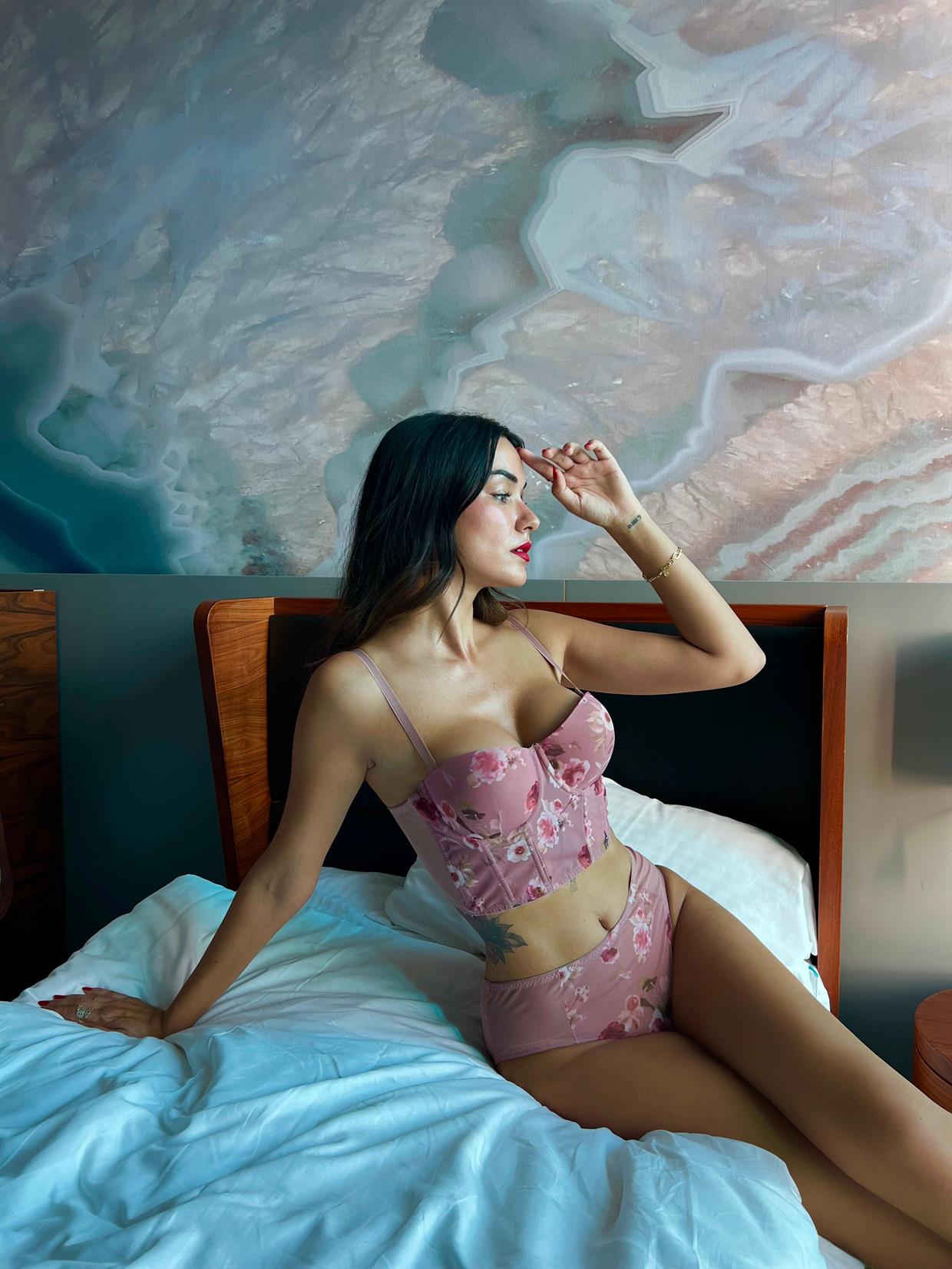 Baskılı Korseli Pudra Sütyen Takımı