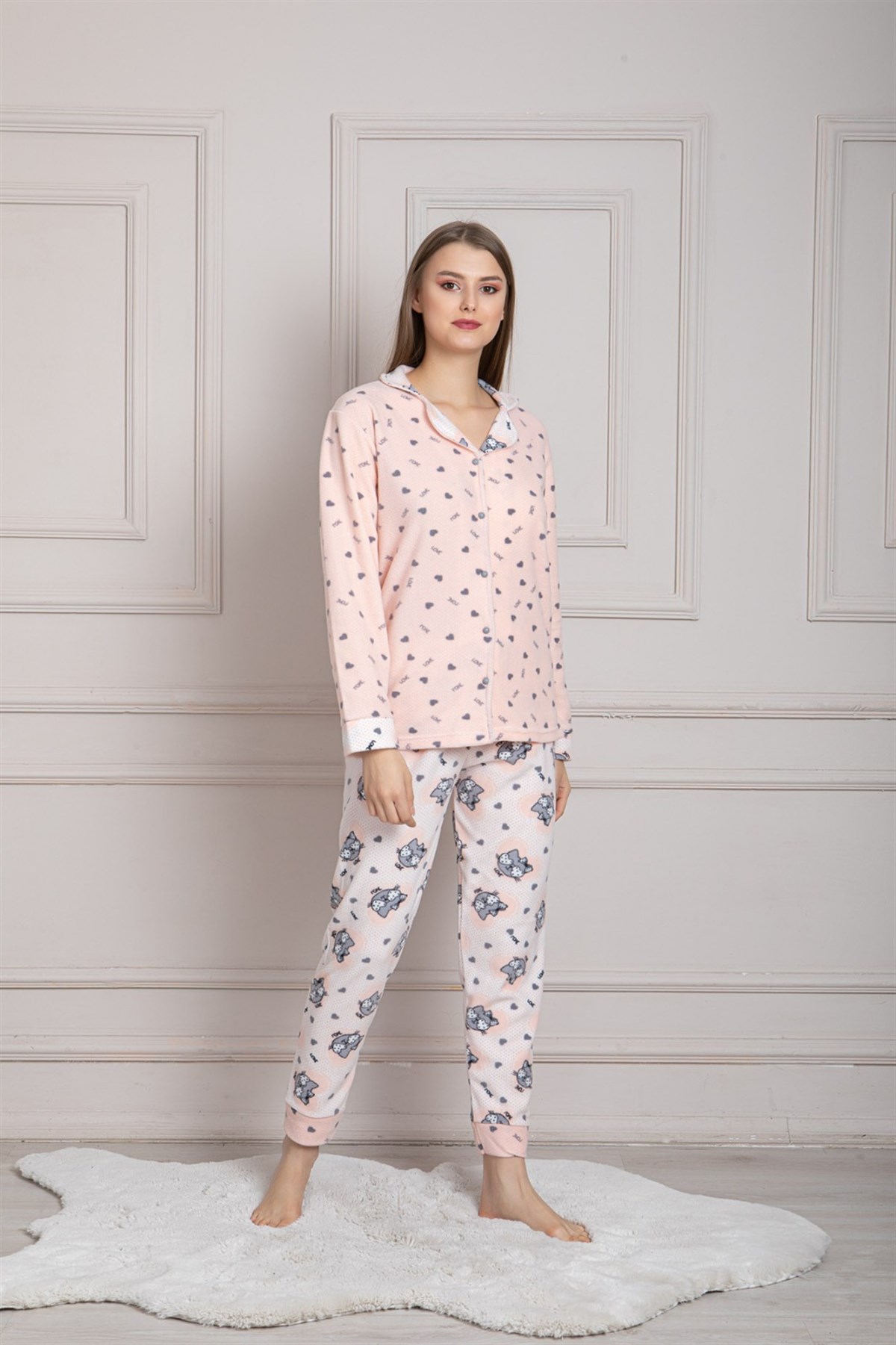 Cansoy Pudra Desenli Bayan Pijama Takımı