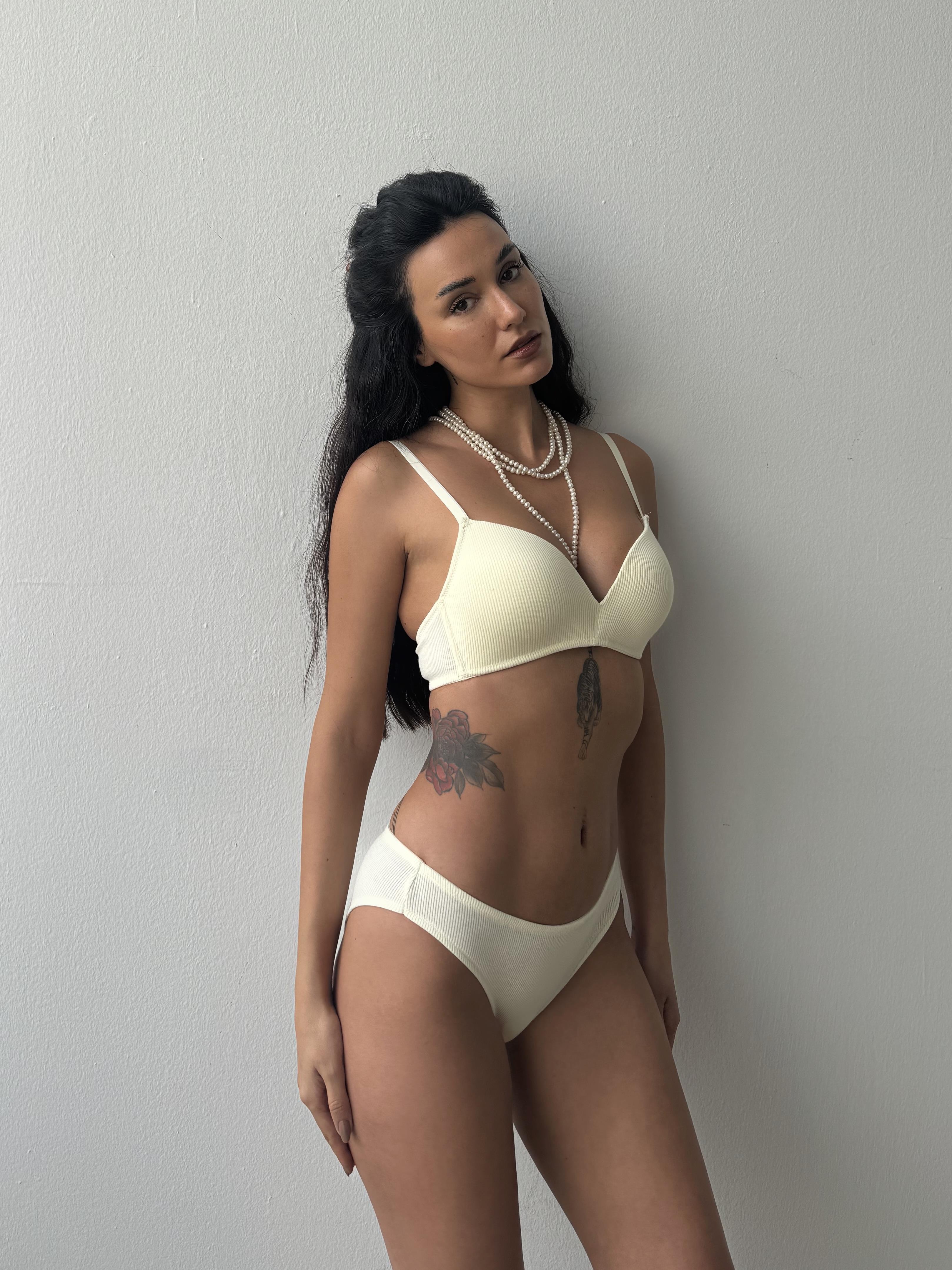 Çizgili Desteksiz Kapsız Balensiz Ekru Sütyen Takımı (701T)