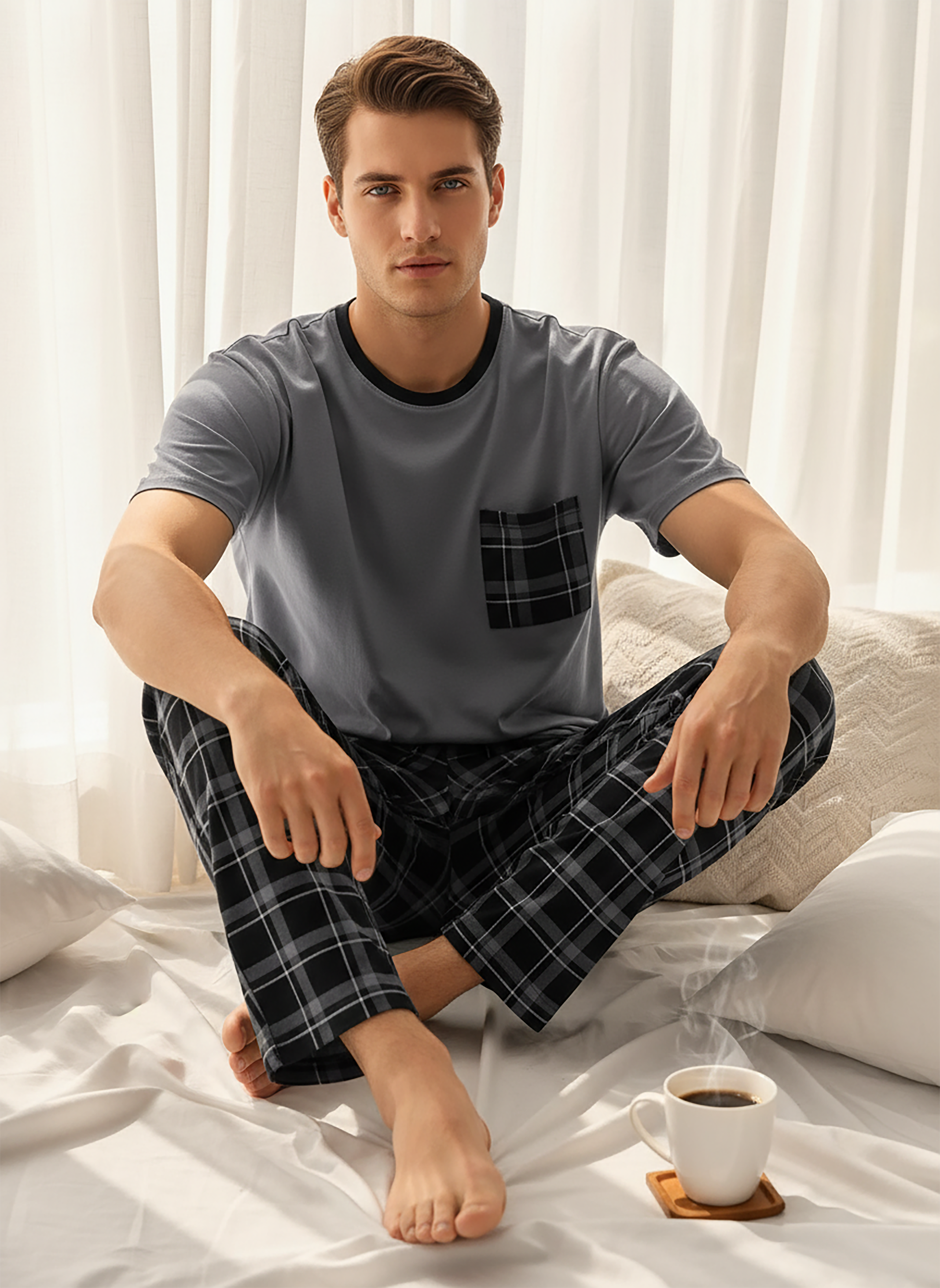 Erkek Kısa Kol Ekose Füme Pijama Takımı