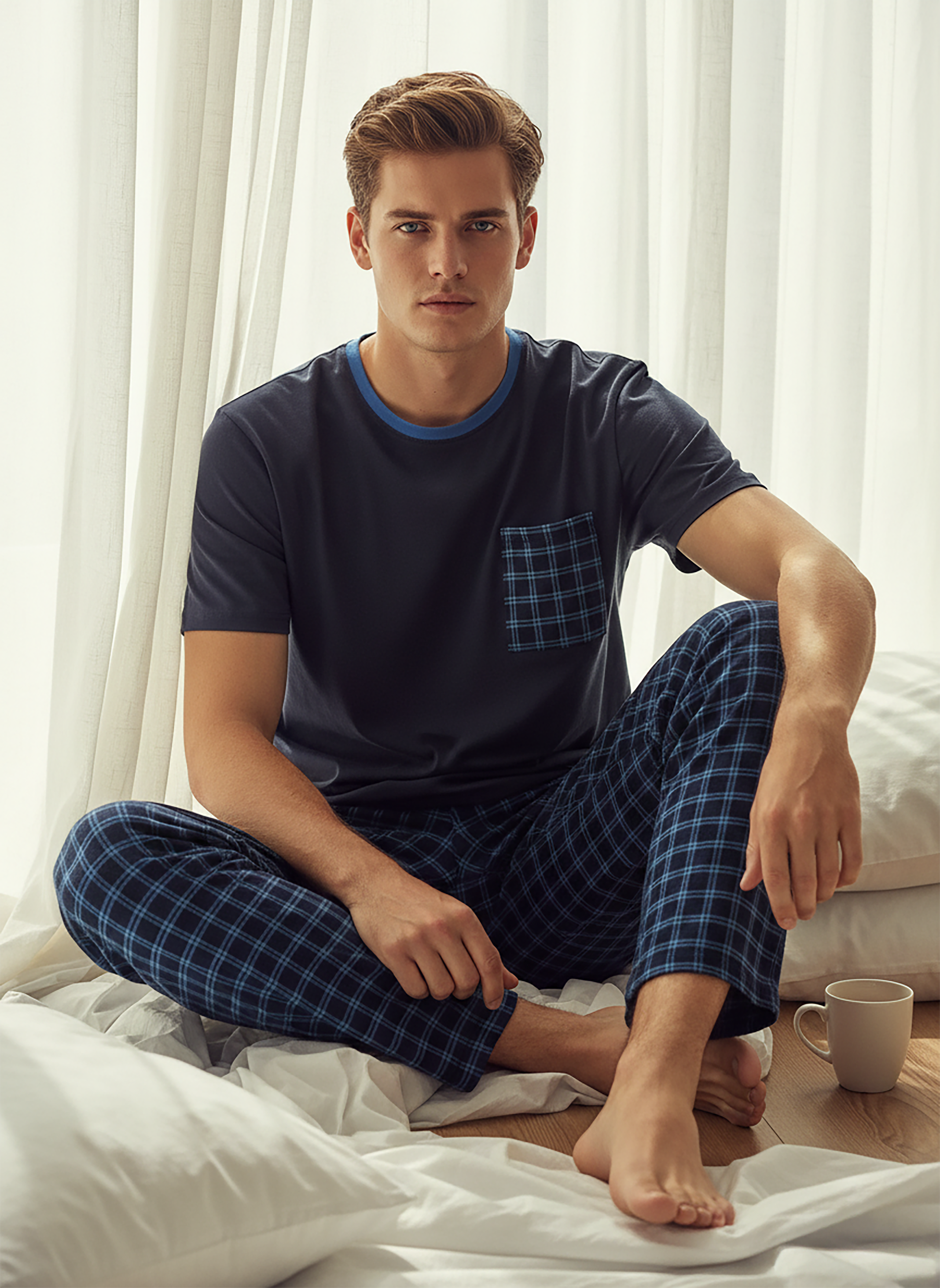 Erkek Kısa Kol Ekose Lacivert Pijama Takımı