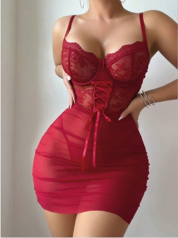 İp Askılı Bordo Tül Gecelik 4086