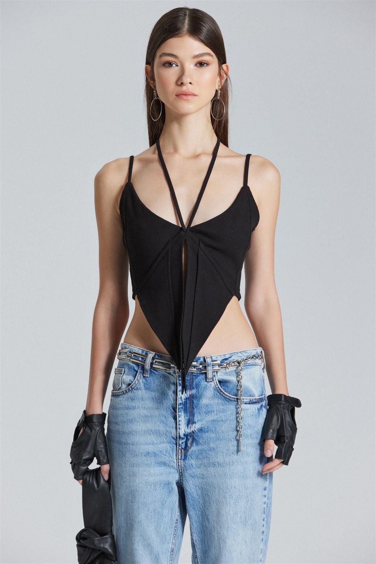 İp Detaylı V Kesim siyah Crop (2434)