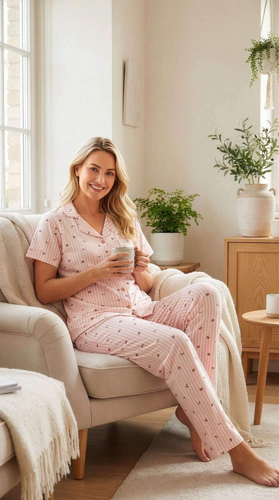 Önden Düğmeli Kadın Somon Pijama Takımı