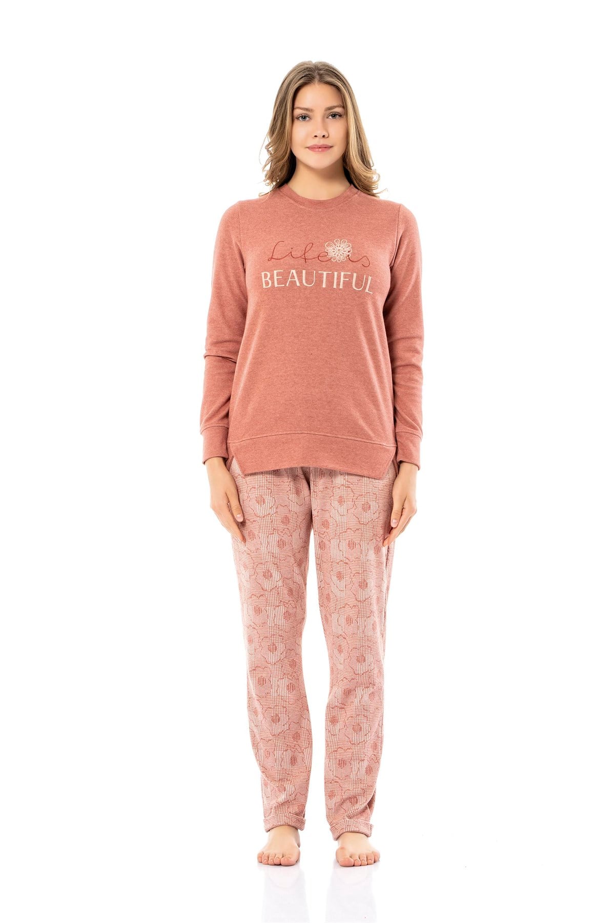Poleren Kadın Uzun Kollu Pembe Pijama Takımı