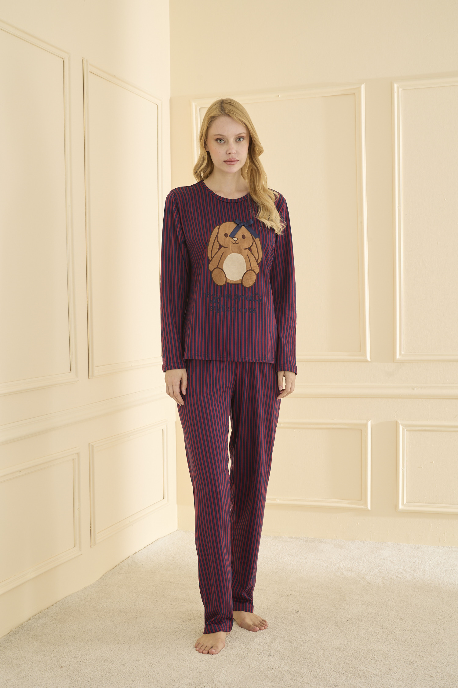 Uzun kol Bordo Pİjama Takımı 19104