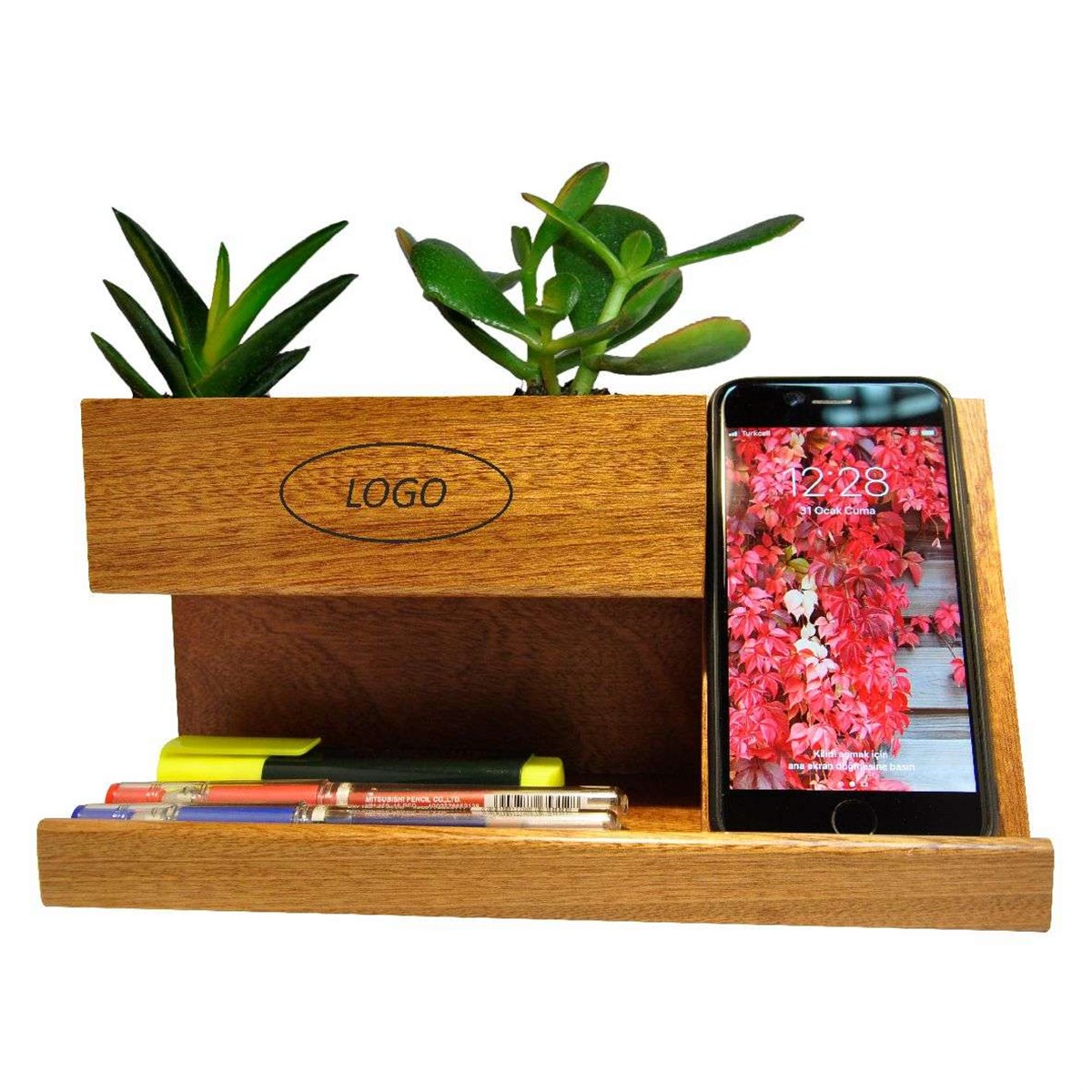 Larte Masa Üstü Masif Maun Çiçeklik  Kalemlik & Telefon Desk