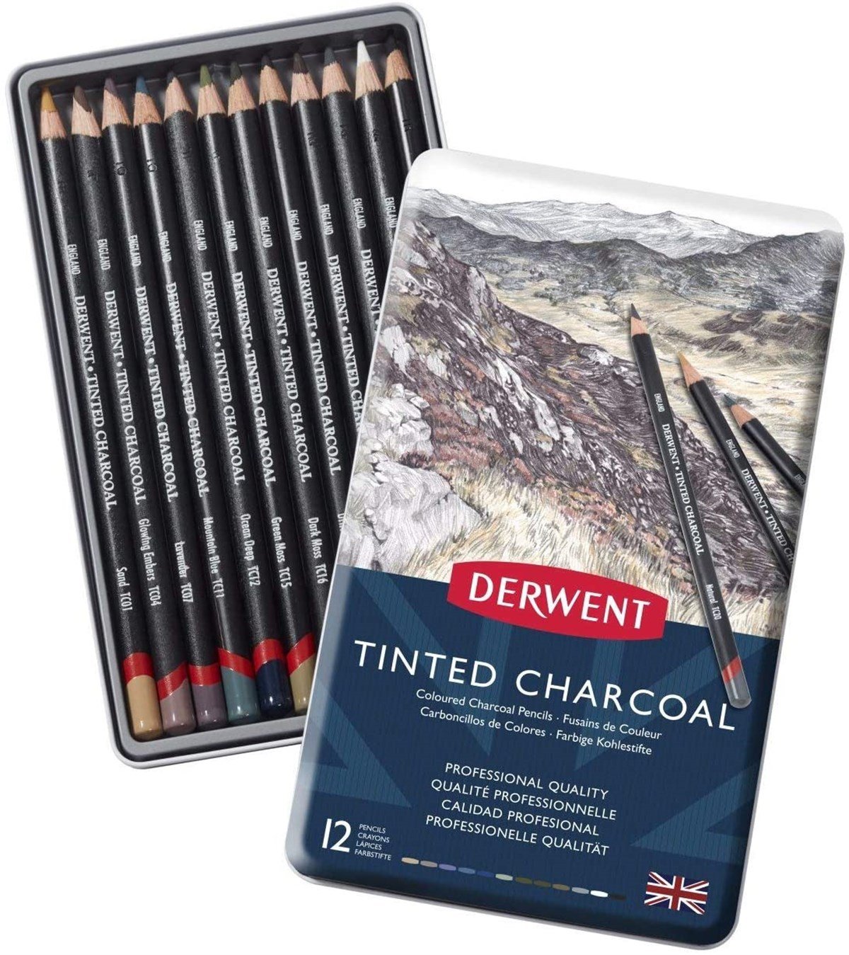 Derwent2301690Derwent Tinted Charcoal Renkli Füzen Kalem 12'Li Teneke Kutu