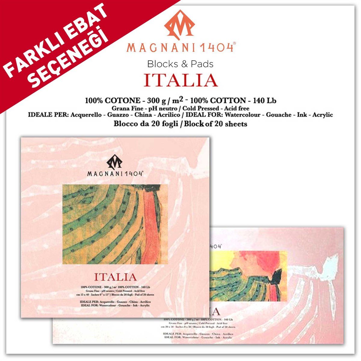 Magnani 140450501515Magnani1404 ITALIA Cold Pressed CottonAkrilik ve Sulu Boya Blokları 300g 20 Yaprak