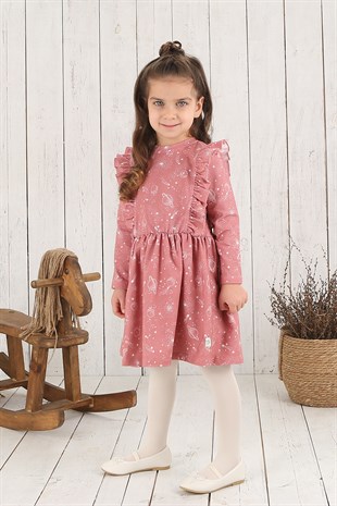 Pembe Rengi Cosmo Girl Baskılı Omuzları Fırfırlı Kız Bebek Organik Elbise NK09005AOP (6 AY- 5 YAŞ)