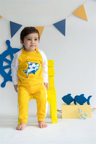 NK08008BS-Köpekbalığı Desenli Sarı Rengi Organik Sweatshirt