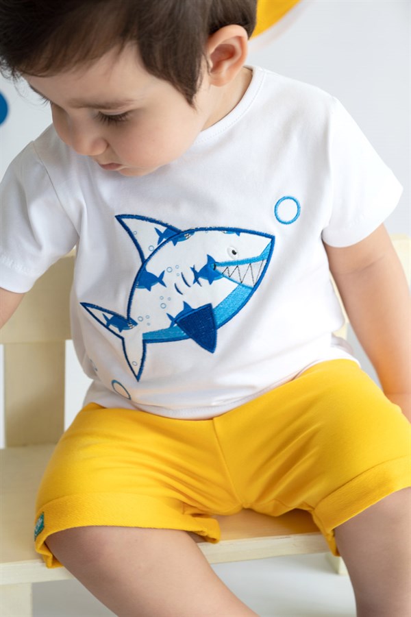 (NK08003BB-Köpekbalığı Desenli Beyaz Organik Kısa Kollu Tişört