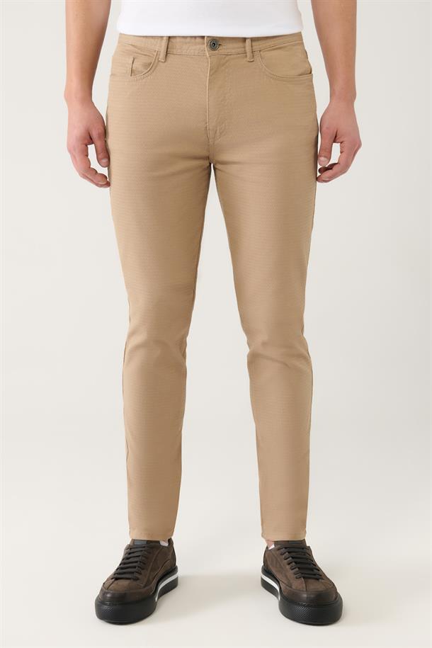 Bej Armürlü Esnek 5 Cepli Slim Fit Dar Kesim Kanvas Pantolon