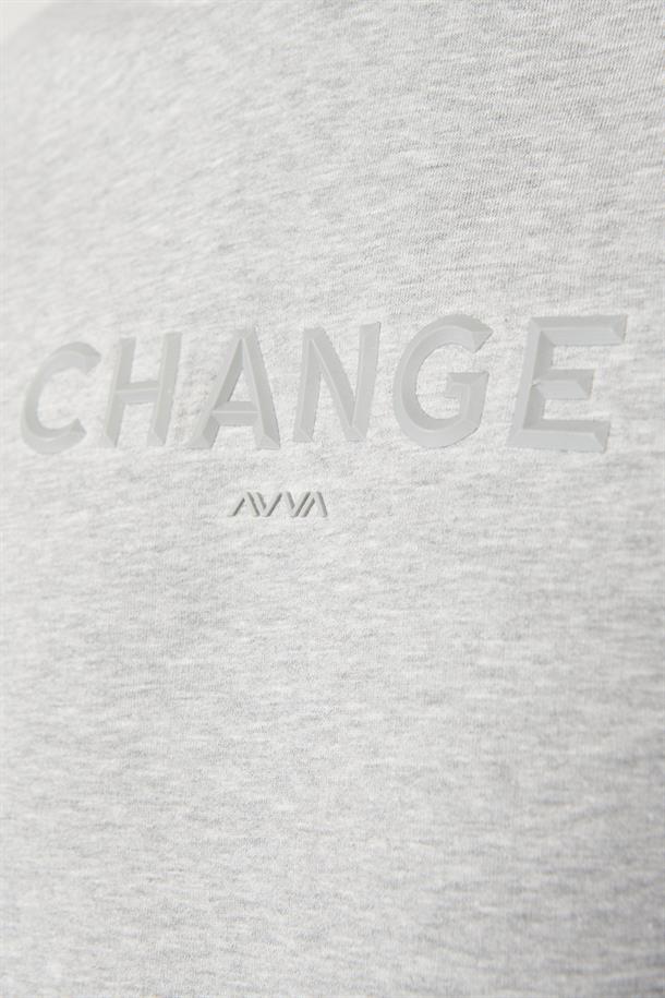 Gri Şardonlu Kumaş Kapüşonlu Yaka Piramit Baskılı Sweatshirt