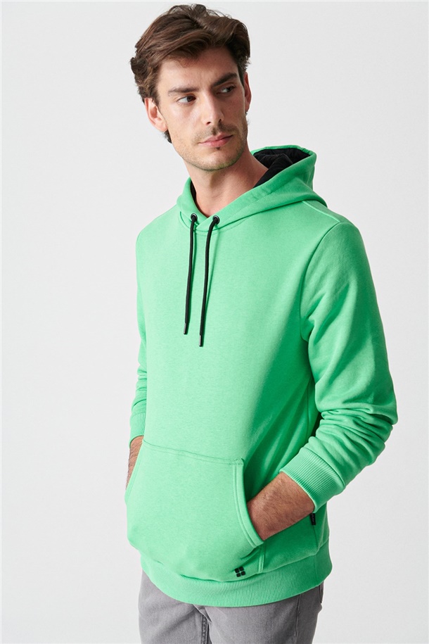 Neon Yeşil Kapüşonlu Yaka Düz Sweatshirt