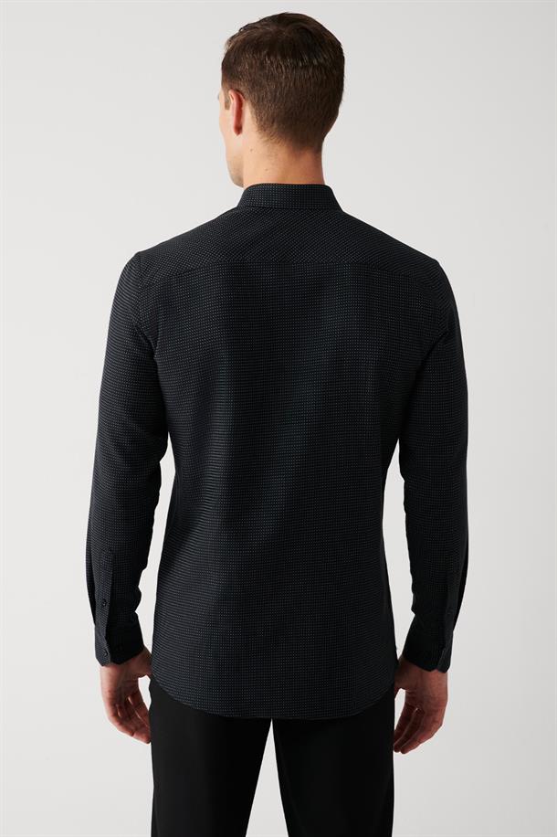 Siyah Düğmeli Yaka Dokulu Pamuklu Slim Fit Gömlek