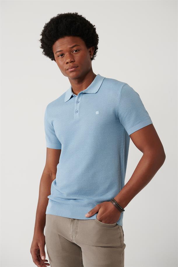 Açık Mavi Polo Yaka Dokulu Basic Triko T-shirt