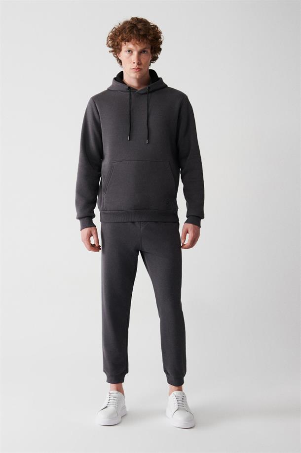 Antrasit Kapüşonlu Yaka İçi Polarlı 3 İplik Pamuklu Unisex Sweatshirt