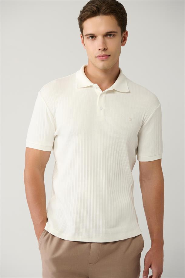 Beyaz T-Shirt Fermuarlı Jakarlı Regular Fit 