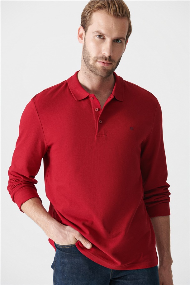 Bordo Polo Yaka Düz Sweatshirt