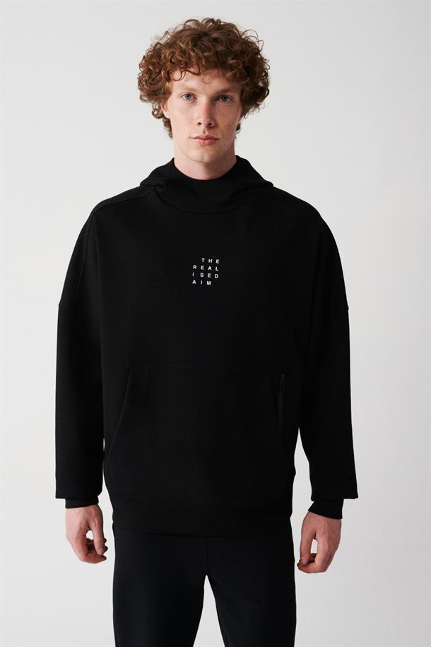 Siyah İnterlok Kumaş Kapüşonlu Yaka Baskılı Kanguru Cepli Sweatshirt