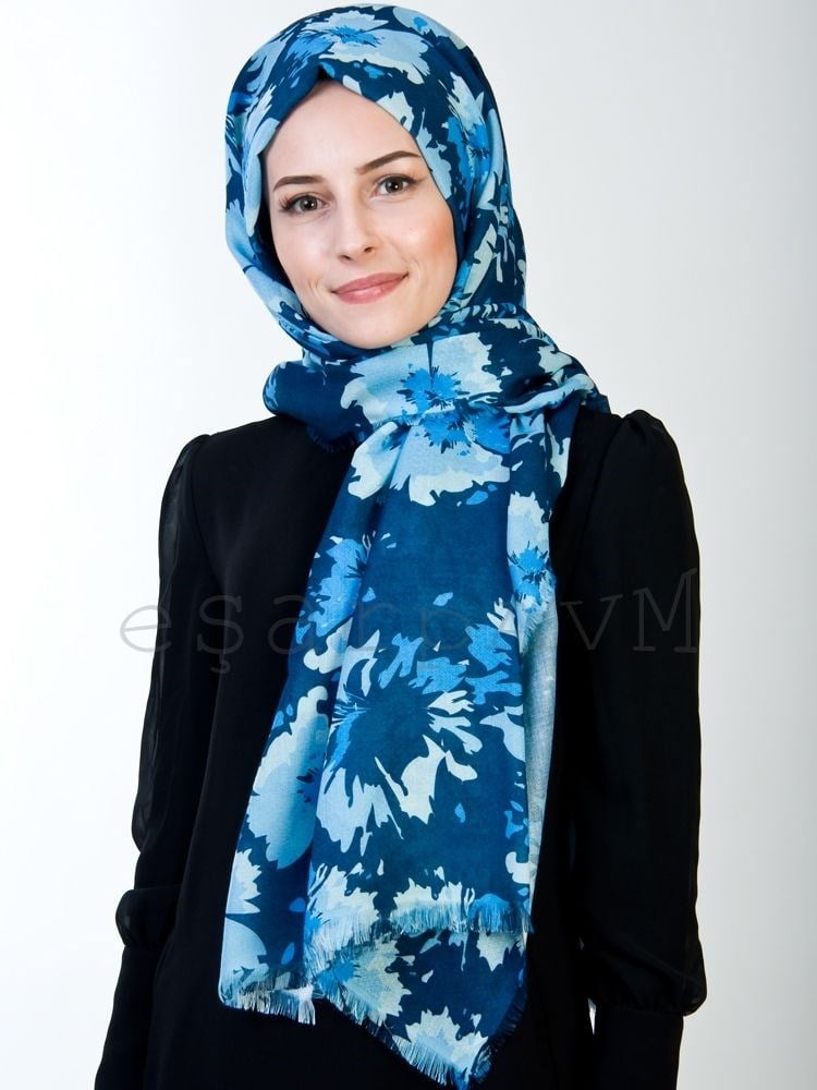 AlwayShawl Çiçekli Günlük Şal Lacivert