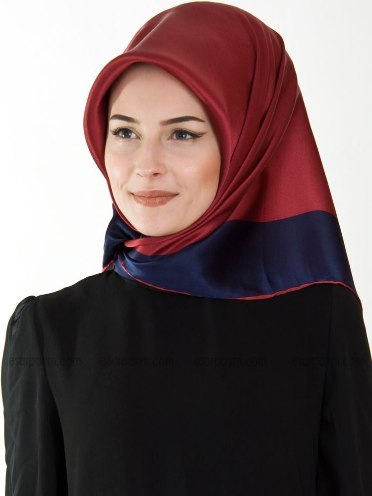 Armanda Çerçeveli İpek Eşarp Bordo-Lacivert