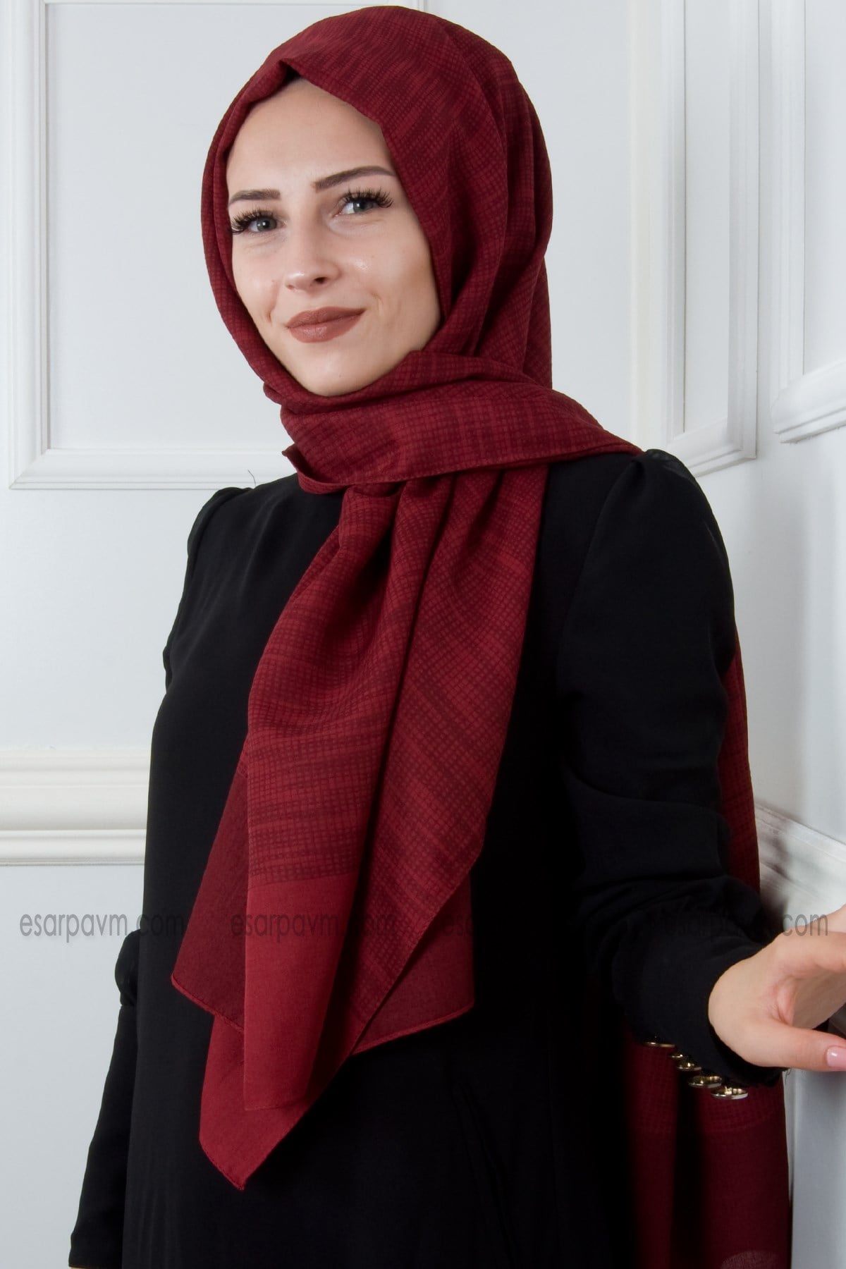 Armanda Geometrik Desenli Şal Bordo