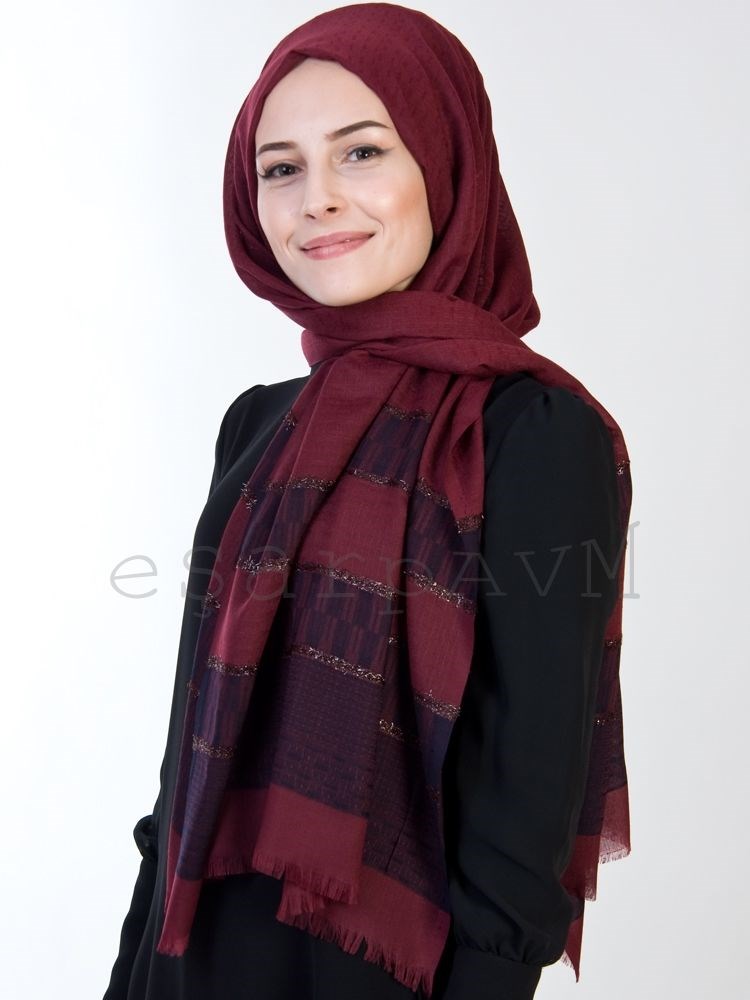 Balse Uçları Desenli Pamuksu Şal Bordo-Lacivert