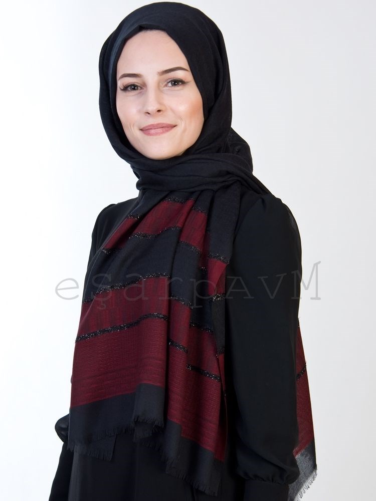 Balse Uçları Desenli Pamuksu Şal Siyah-Bordo