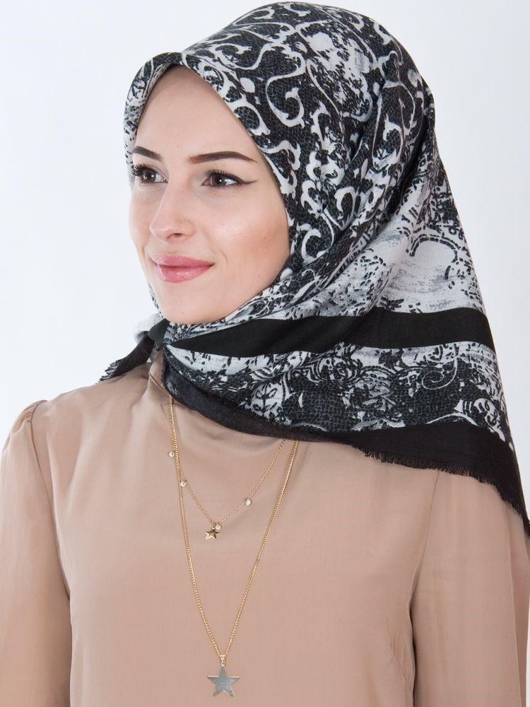 Gülsoy Otantik Desenli Kışlık Eşarp Siyah-Gri
