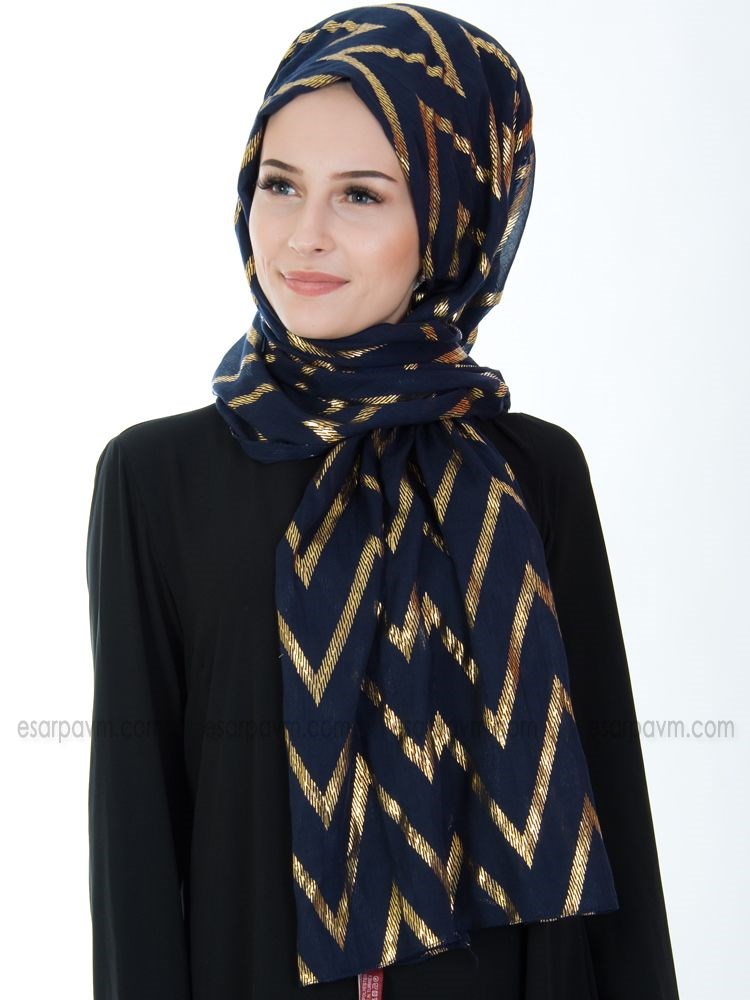 Kroren Varaklı Pamuksu Şal Lacivert-Gold