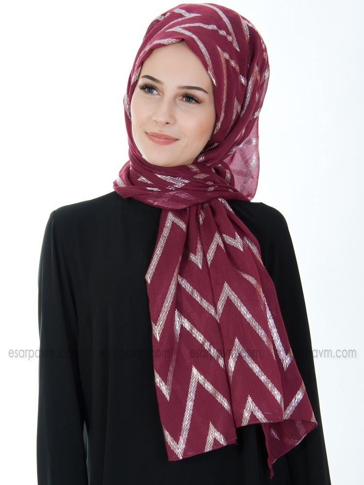 Kroren Varaklı Pamuksu Şal Vişne-Gümüş