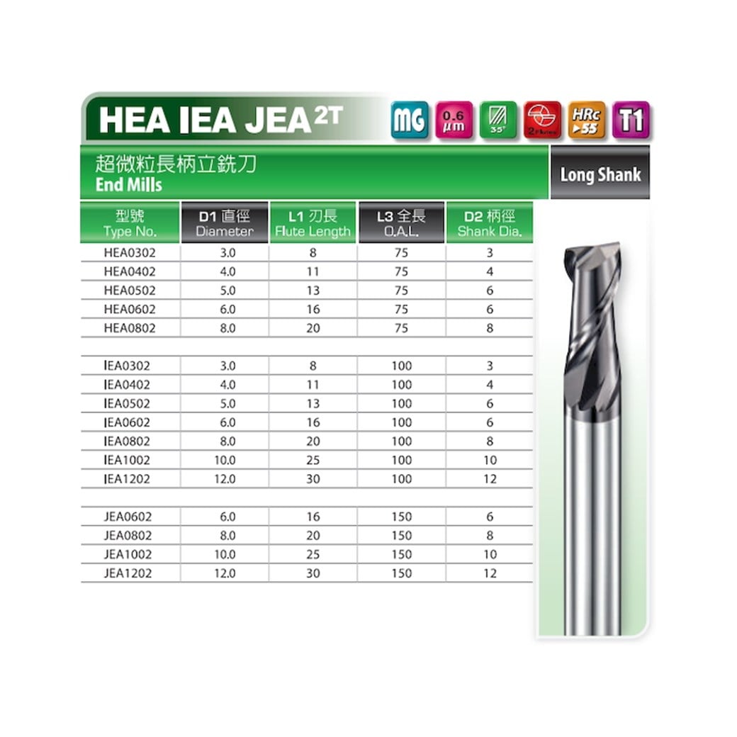 Dhf HEA IEA JEA Düz Uzun Karbür Freze 55 Hrc 2 Ağızlı Kaplamalı