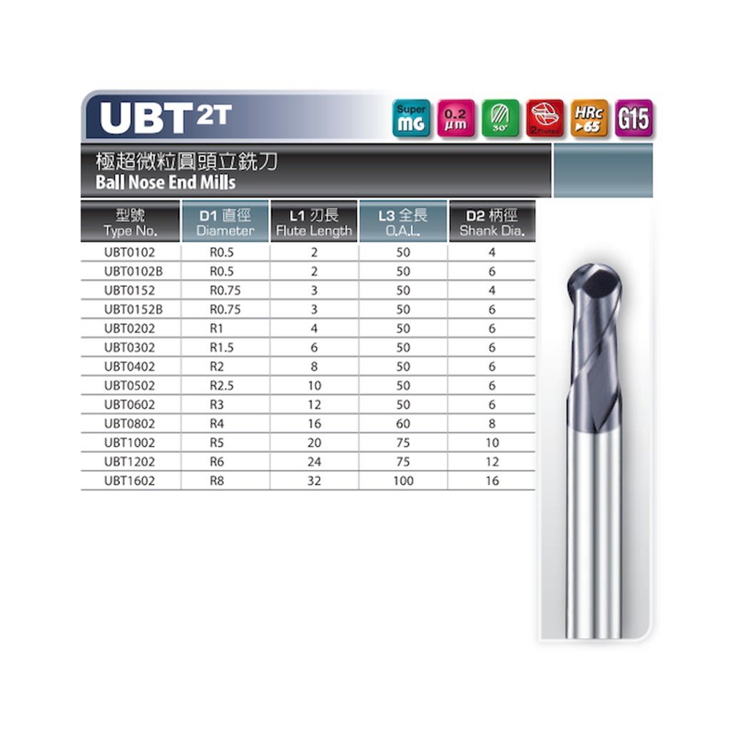 Dhf 6,0 mm r3,0 UBT Carbide Ball Nose End Mill 65 Hrc 2 Flute Coated 6,0x50,0