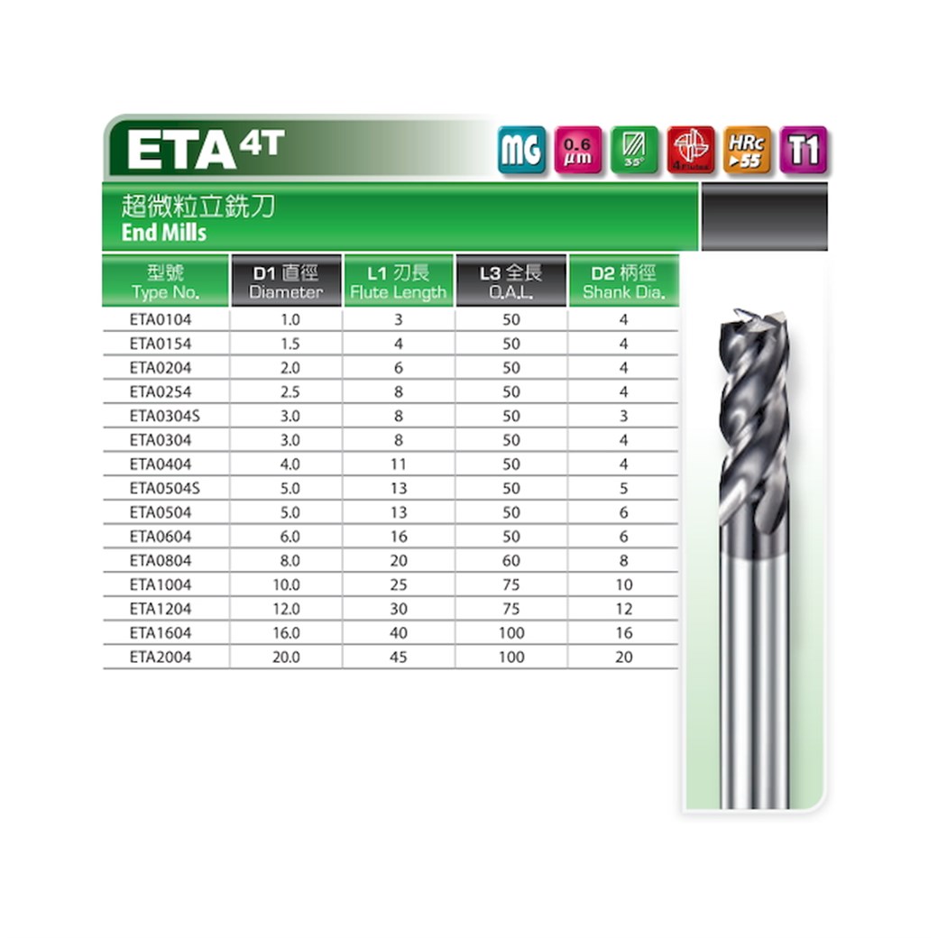 Dhf 20,0 мм ETA Прямая фреза из карбида 55 Hrc 4 флейта Покрытый 20,0x45,0x100,0