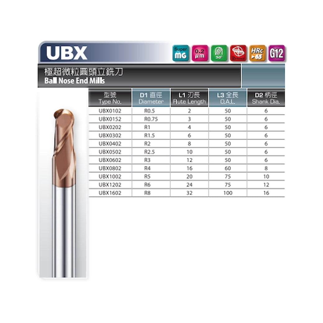 Dhf 10,0 мм r5,0 UBX Фреза с шарообразным концом из карбида 65 Hrc 2 флейта Покрытый 10,0x75,0