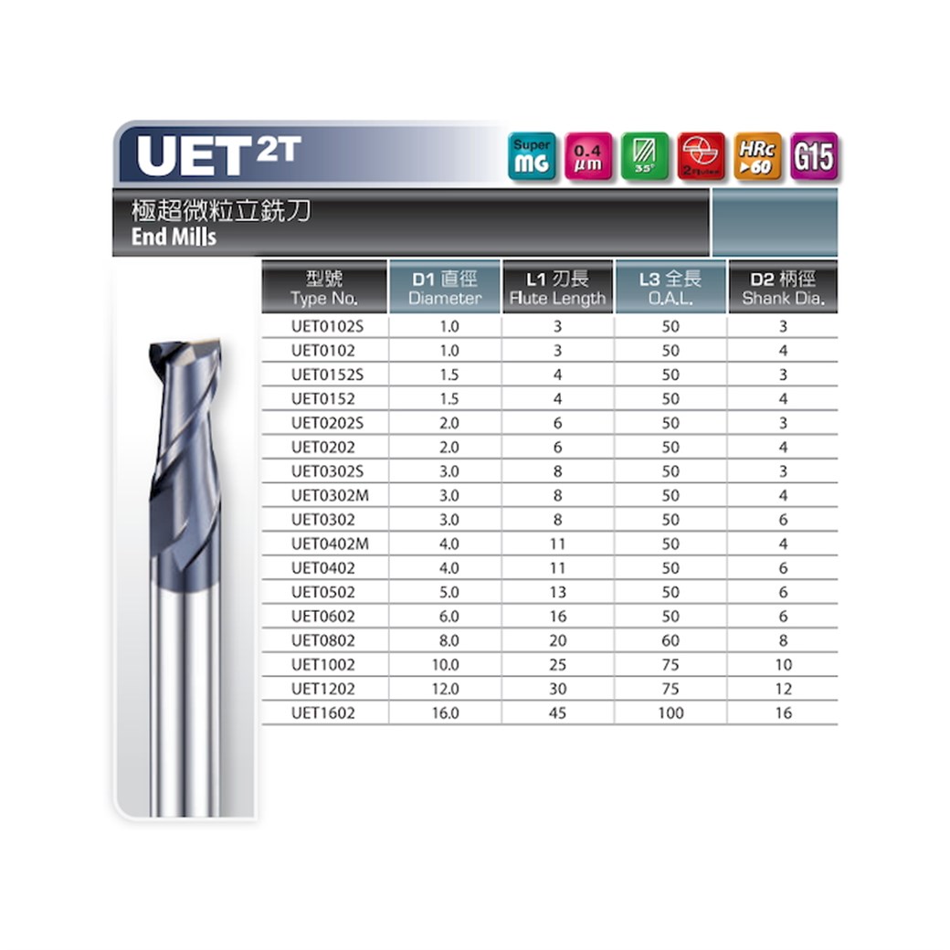 Dhf 16,0 мм UET Прямая фреза из карбида 60 Hrc 2 флейта Покрытый 16,0x45,0x100,0