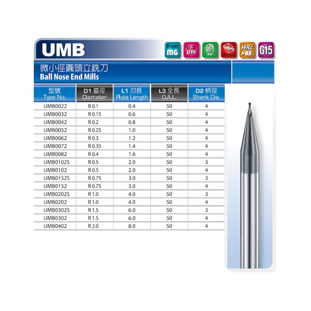 Dhf 0,4 мм r0,2 UMB Фреза с шарообразным концом из карбида 65 Hrc 2 флейта Покрытый 0,4x50,0