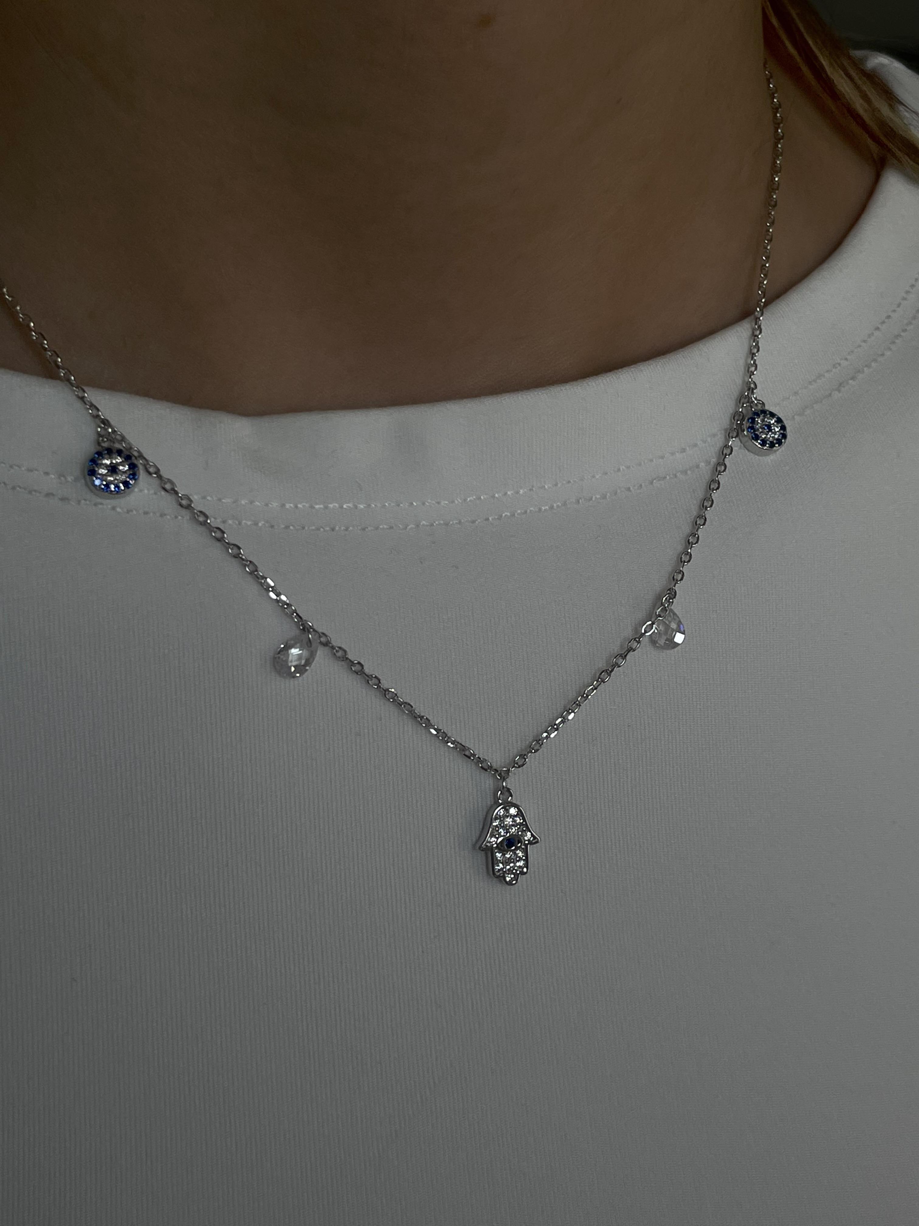 Hamsa , Nazar Boncuğu ve Taş Detaylı Kolye